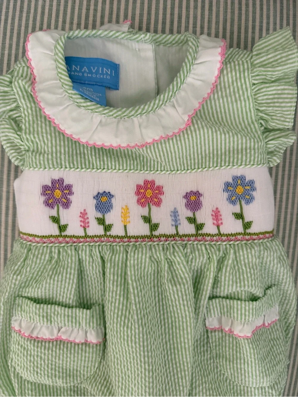 Anavini Baby Green Floral Embroidered Cotton Romper - 9M